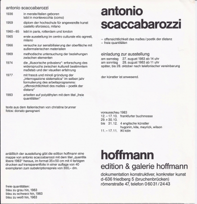 •  1983 - Antonio Scaccabarozzi, Galerie Hoffmann, Friedberg